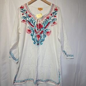 Sunflower 2X White Embroidered Boho Tunic Top Floral Tie Neck Cotton NWT